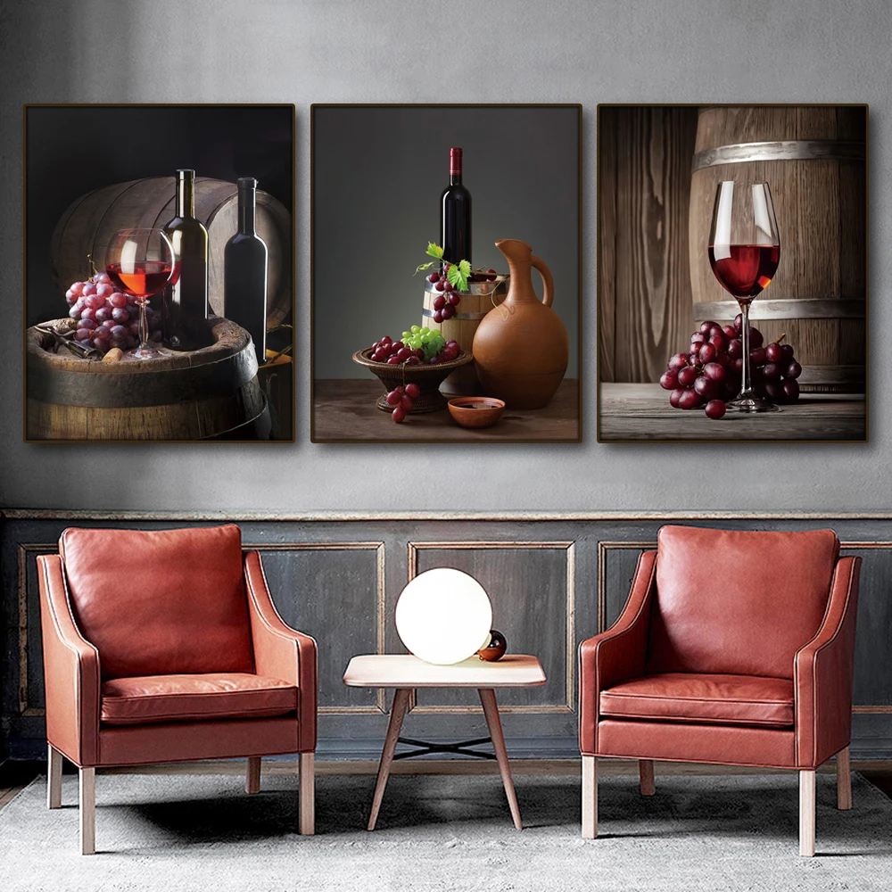 Kitchen Bar Red Wine Grape Beer Wall Art Canvas Painting Still Life Nordic Poster Wall Pictures Decor For Living Room
