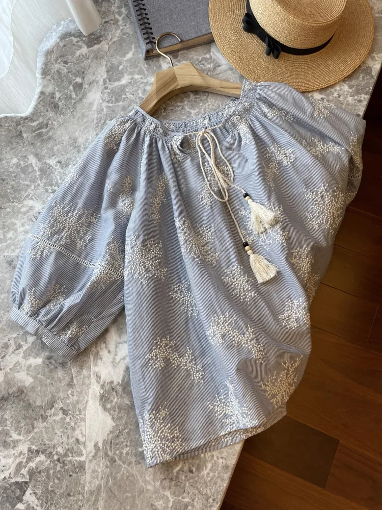 Holiday Style Cotton Retro Embroidery Shirt 2025 Spring And Autumn Tassel Lace Loose Long Sleeve Striped Shirt Blouse Beach Tops