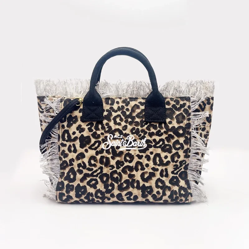 SAINT BARTH New Women\'s Large Capacity Leisure Travel Leopard Pattern Small Canvas Handmade Tassel Handbag Tote Bag Mommy Bag