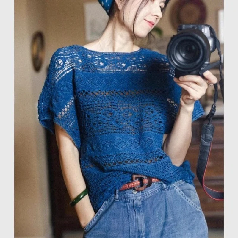 

Bohemian Knit Batwing Sleeve Top With Hollow Out Lace Detail For Women Casual Office Wear Spring Summer Style