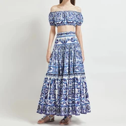 Women 2pcs Summer Set 2026 Luxury Designer Inspired Cotton Off Shoulder Top & Maxi Skirt for Vacation & Beach