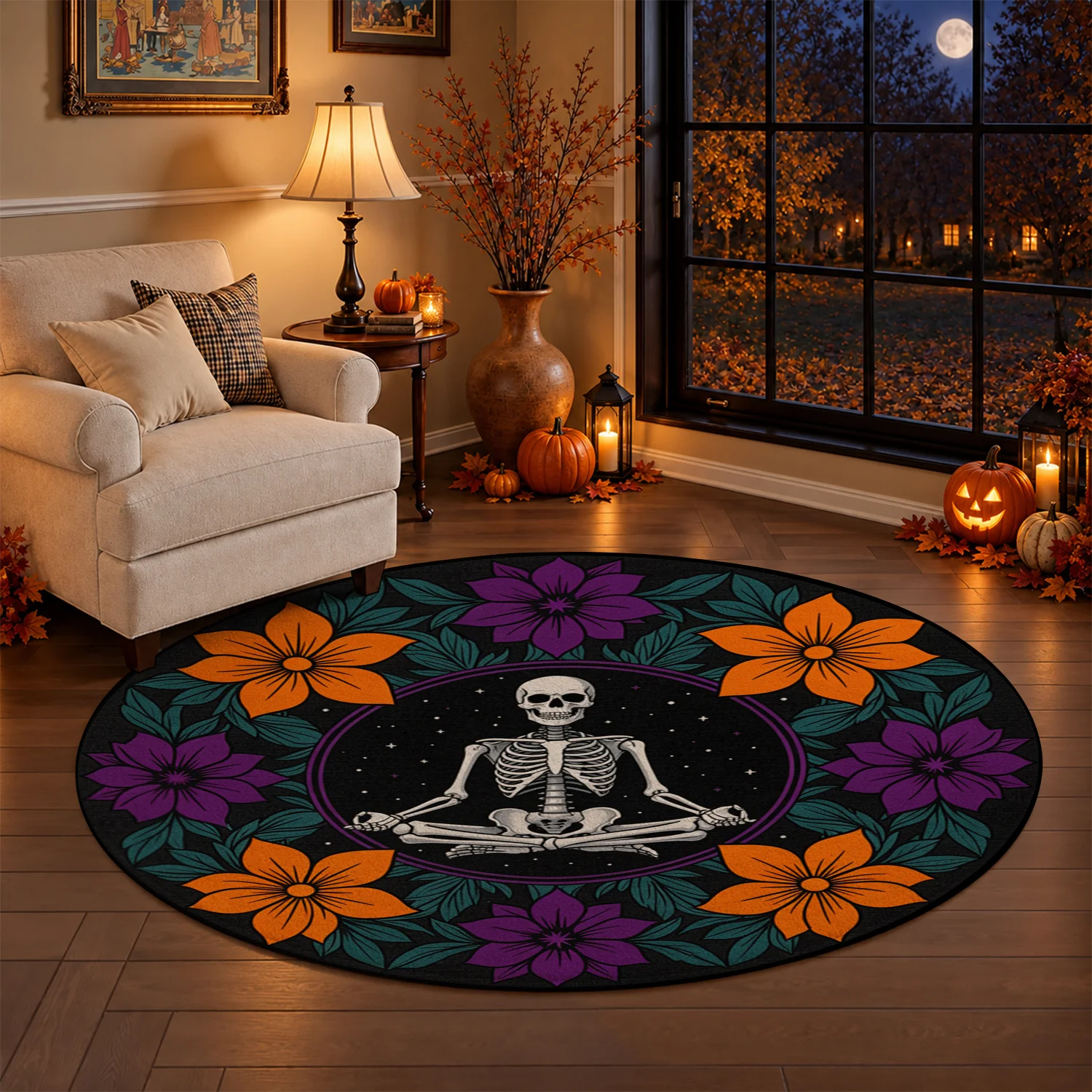 Meditating Skeleton Orange Purple Floral Pattern Round Velvet Area Rug, Machine Washable Soft Plush Rug for Living Room, Bedroom, Meditation Corner, Entryway, Ideal for Halloween, Thanksgiving, Christmas, New Year Decor