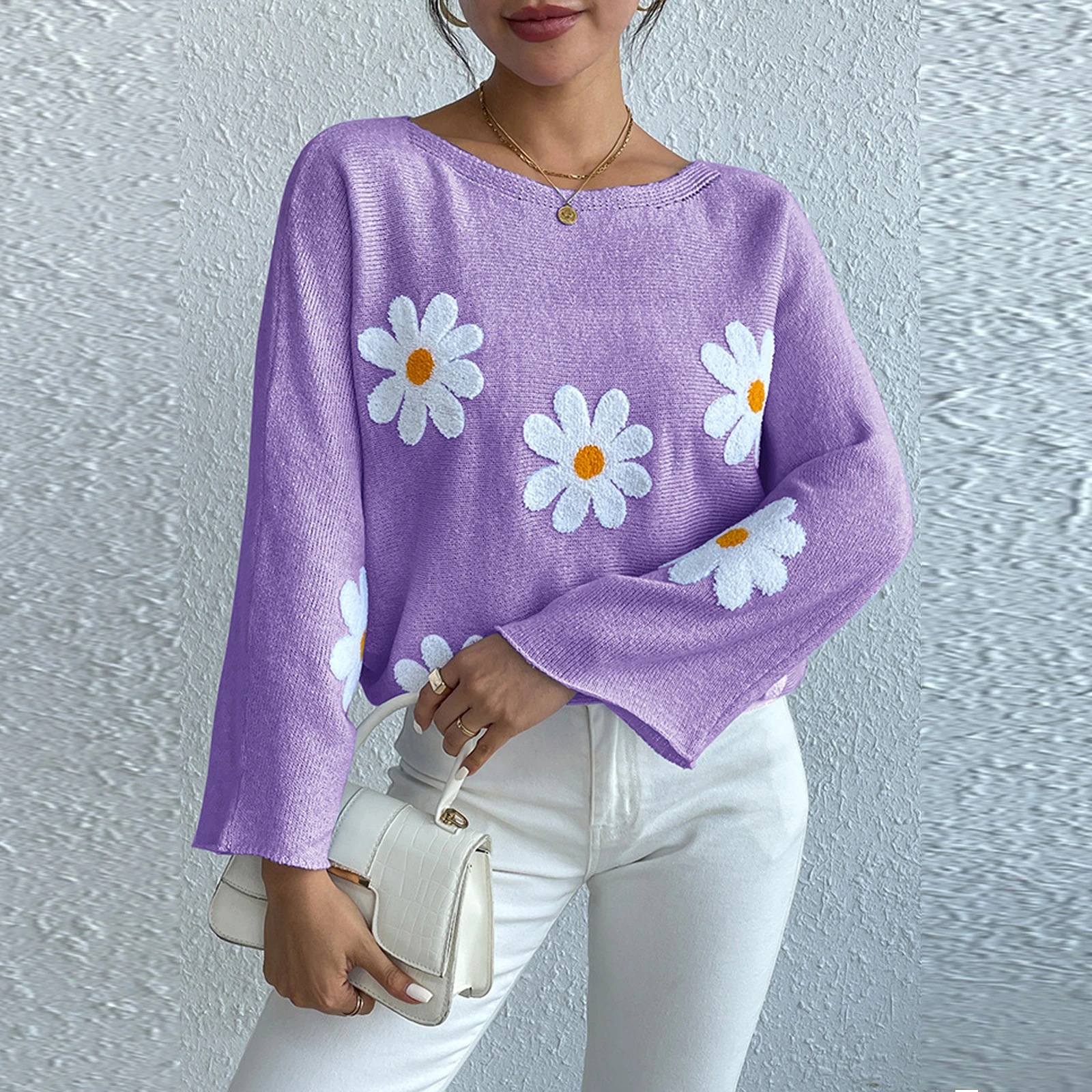 Pull en tricot esthétique à manches longues pour femmes, pulls brodés de fleurs douces, pulls à col bateau, pulls décontractés, Y2K, printemps et automne