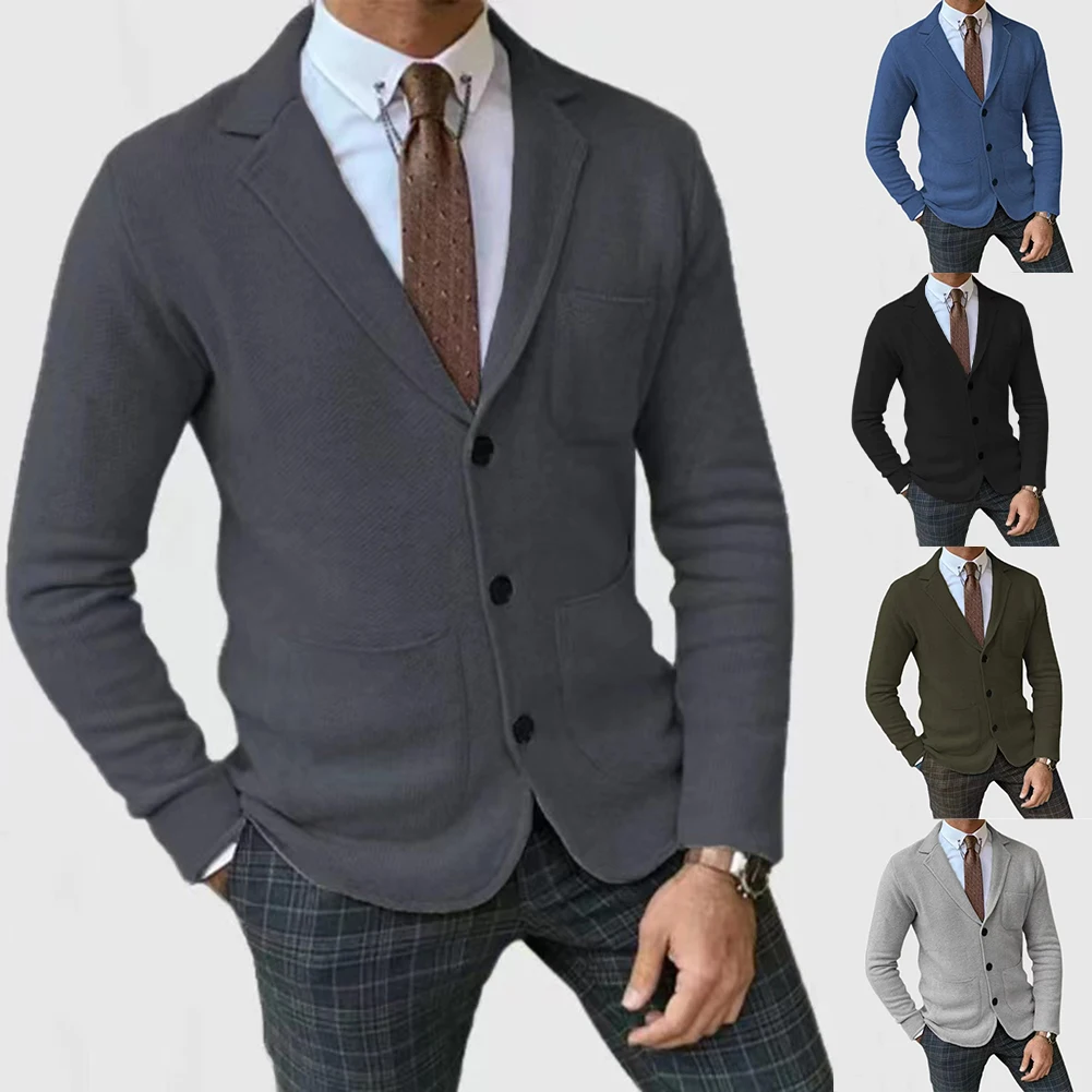 Men Casual Suit Jacket Slim Fit Solid Color Coat Warm Work Street Style Polyester Spandex Blend for Autumn Winter