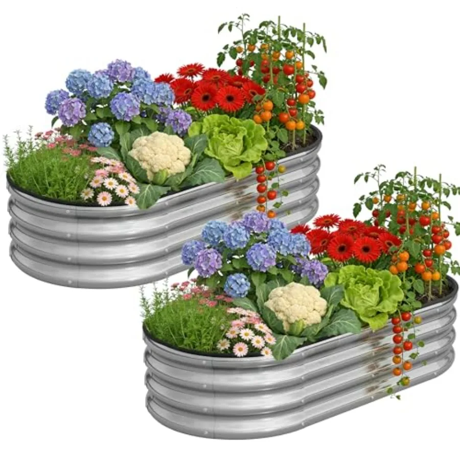 

Овальная большая оцинкованная металлическая грядка-клумба для сада с легкой сборкой, серебристая, 4x2x1 фут, идеально подходит для овощей