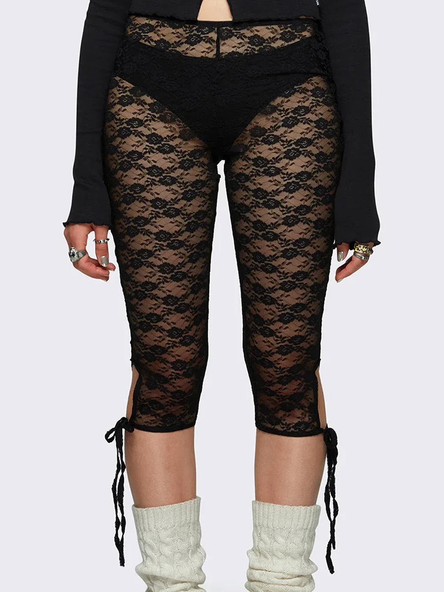 

Women Lace Capri Pants Casual Bandage Cutout See-Through Elastic Trousers for Daily Streetwear