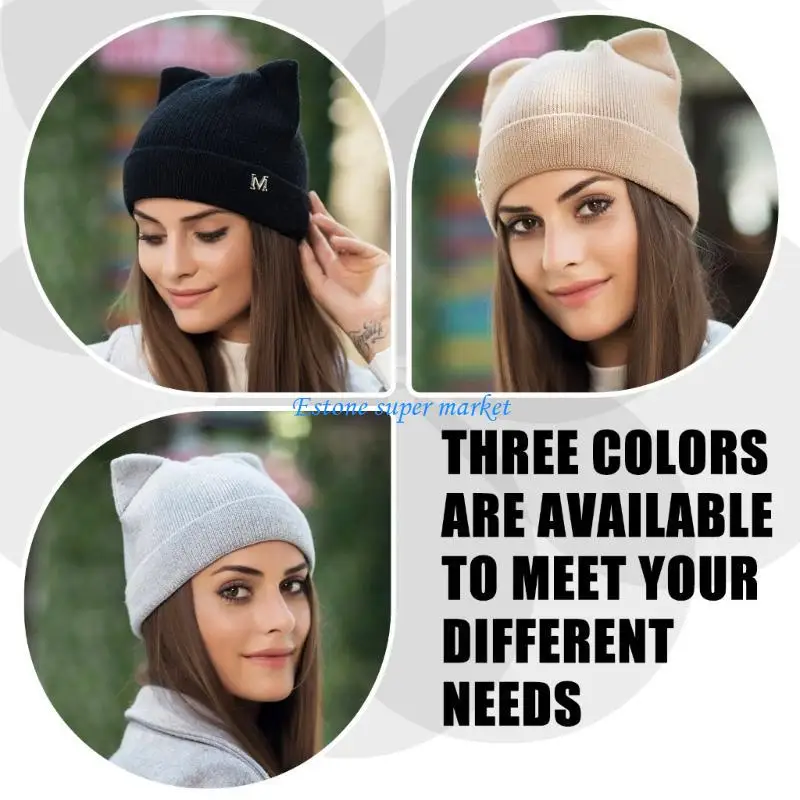 090B Вязаная шапка с кошачьими ушками, теплая зимняя шапка из смеси шерсти, уютный женский головной убор, дизайн