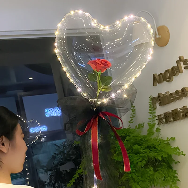 1pc  Led Light Rose Balloons Mother Day Wedding Decor Birthday Party Gift Valentine's Day Heart Led Rose Balloon Bouquet