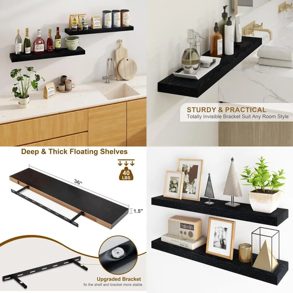 

Set of 2, 36 Black Floating Wall Shelves with Hidden Brackets for Home - Suitable for Bathroom, Living Room, and Kitchen