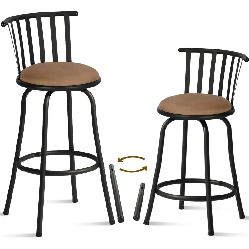 Adjustable Classic Barstools Set of 2, Country Style Bar Chairs with Back and Footrest Swivel Counter Height，24/29 Inch