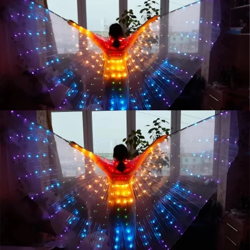 LED Dance Fairy Wings Manto para Crianças, Asas Borboleta Coloridas, Stick Stage Performance, Dança do Ventre, Festa de Carnaval Prop