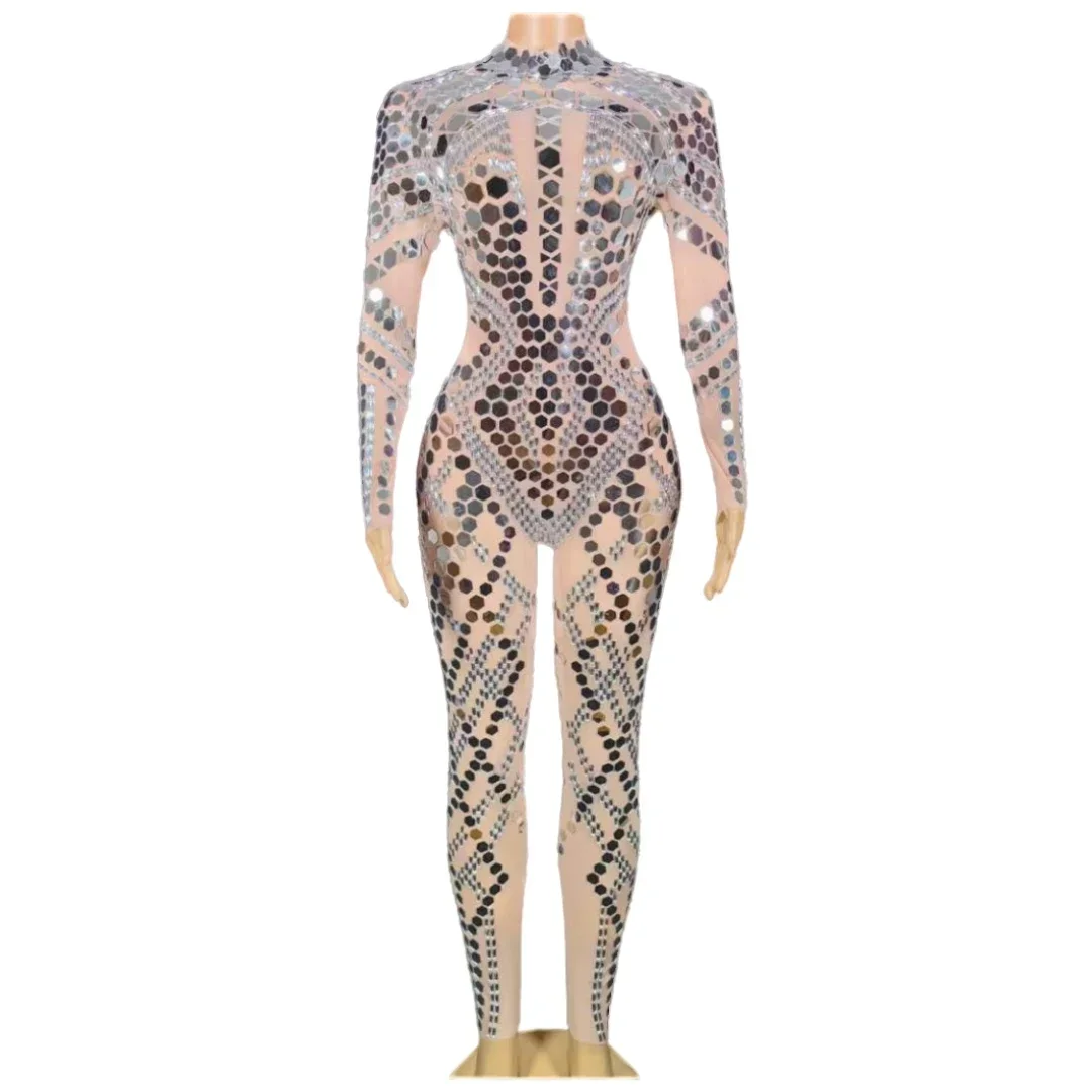 

Mirror Luxury Women Sparkly Jumpsuits Party Birthday Clun Bar Stage Wear Stretch Sheer Drag Costume
