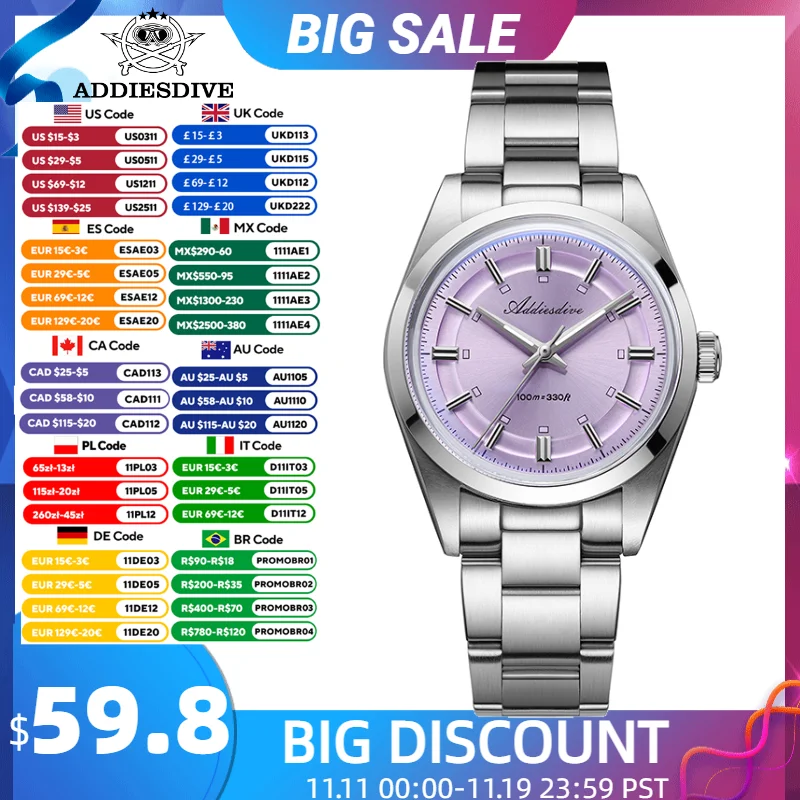 

ADDIESDIVE 36 мм кварцевые часы мужские VH31 AR покрытие 3D шкала водонепроницаемые 100 м часы для дайвинга из нержавеющей стали 316L новые AD2515