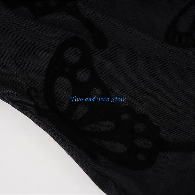 

HX6F Women's Stretchy Mesh Long Sleeve Bodysuit Butterfly Pattern Slimming Cut Sheer Jumpsuit For Evening Parties Travel