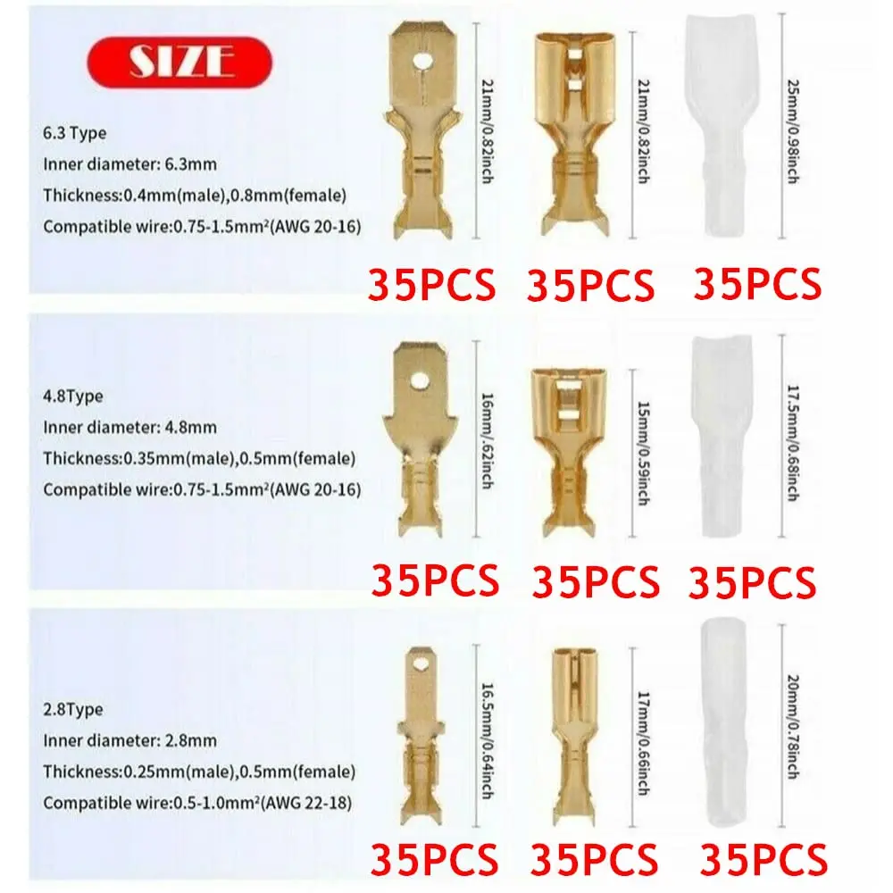 315PCS 2.8/4.8/6.3mm Quick Splice Male Female Wire Spade Connector Crimp Terminal Block Assortment Kit with Insulating Sleeve