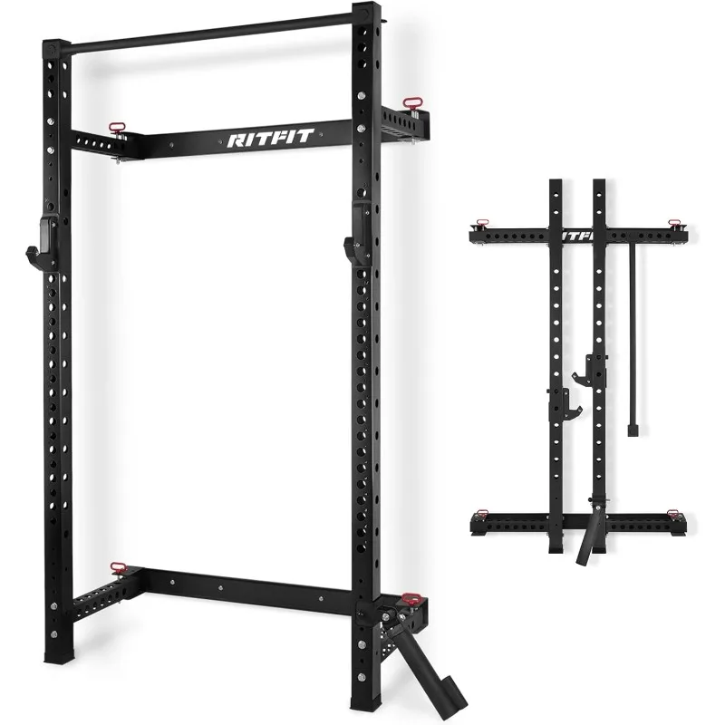 Rack de Sentadillas Plegable Multifuncional RitFit para Gimnasio en Casa, Rack de Sentadillas Montado en la Pared con Accesorios, Rack de Potencia para Sentadillas que Ahorra Espacio