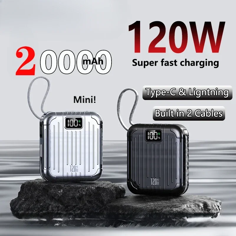 New hot 20000mAh Mini Portable Power Bank 120W Fast Charge Large Capacity Battery  2 Cables  for iPhone Xiaomi Samsung 2024 New