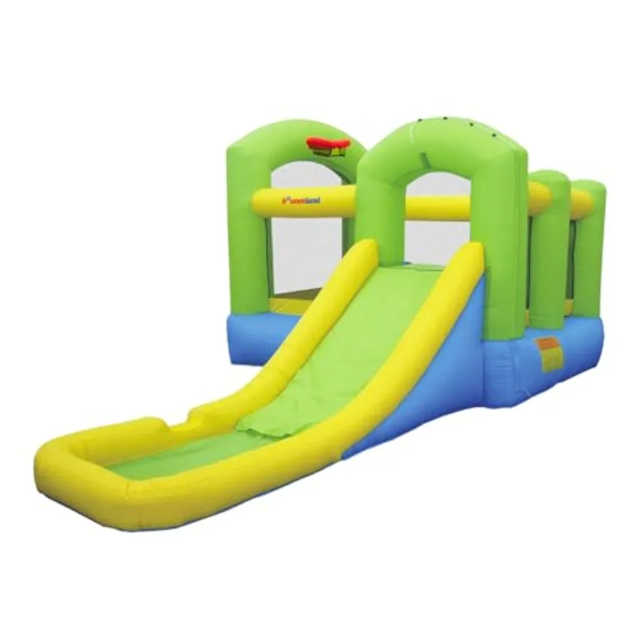 

Bounce 'N Splash Island Wet or Dry Inflatable Bouncer Water Slide All-in-One Large Pool Fun Bouncing Area with Basketball Hoop