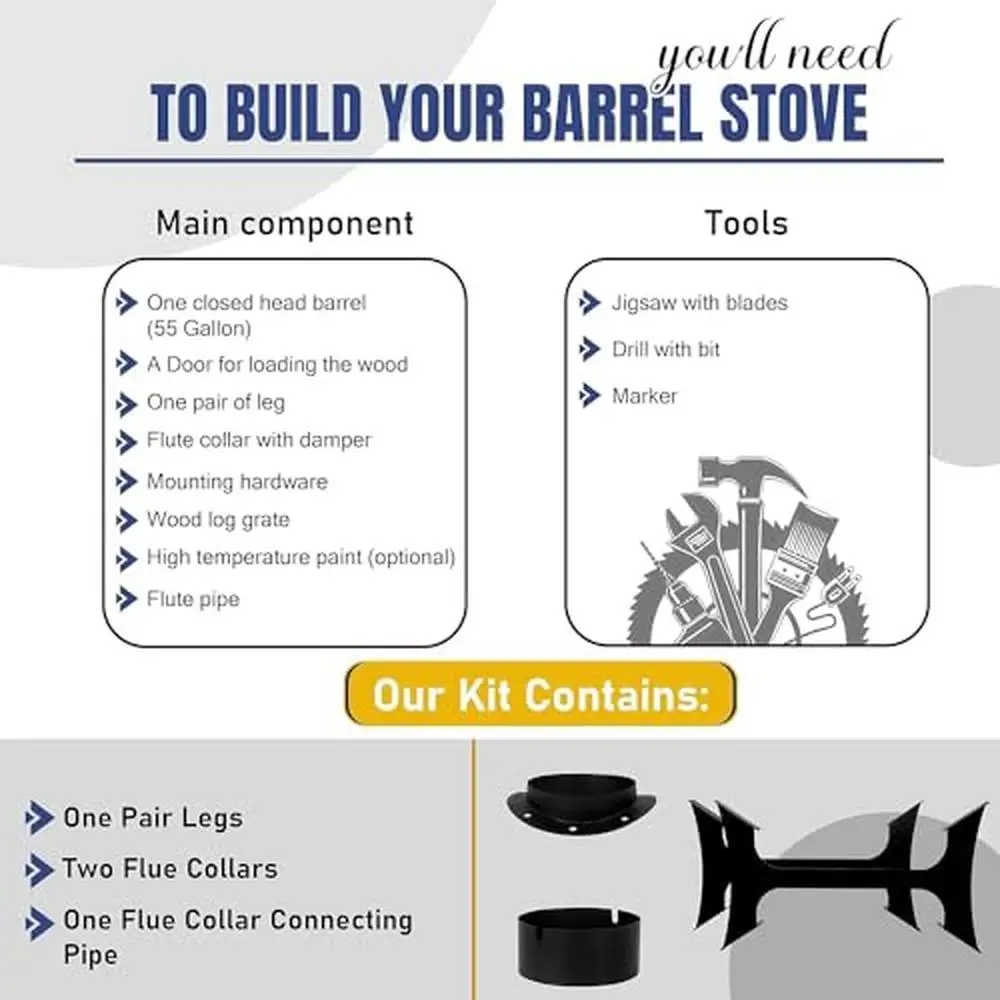 Double Barrel Stove Kit 55 Gal Drum Outdoor Fireplace Camp Survival Heating Emergency Kit Wood Burner Pellet Conversion Carbon