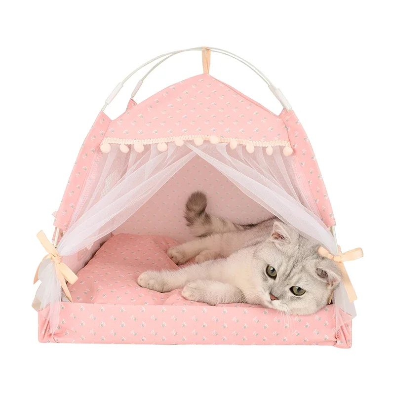Pet Dog Tent Portable Cute Pattern Cat House Pet Small Dog Bed Breathable Thick Cushion Pet Hut Outdoor Indoor Pet Bed Supplies