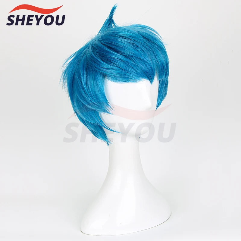 Calor curto azul Perucas Cosplay Resistente Traje e Peruca Cap, Filme Inside Out Alegria Peruca