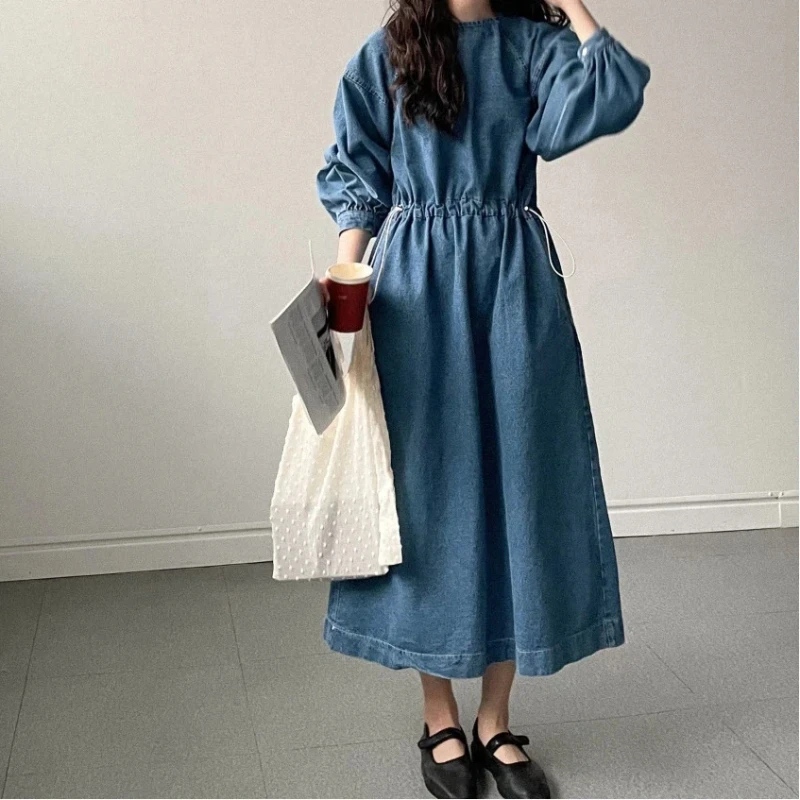 Cotton Denim Dress Women Spring Summer Lantern Sleeve Drawstring Waist Pullover Dresses for Air-con Room Female Robe 2026