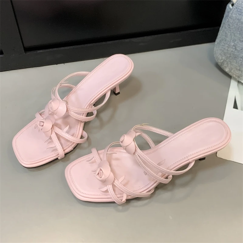 Eilyken Sexy Summer Satin Narrow Band Women Slipper Fashion Open Toe Thin Heels Wedding Party Slides Ladies Shoes