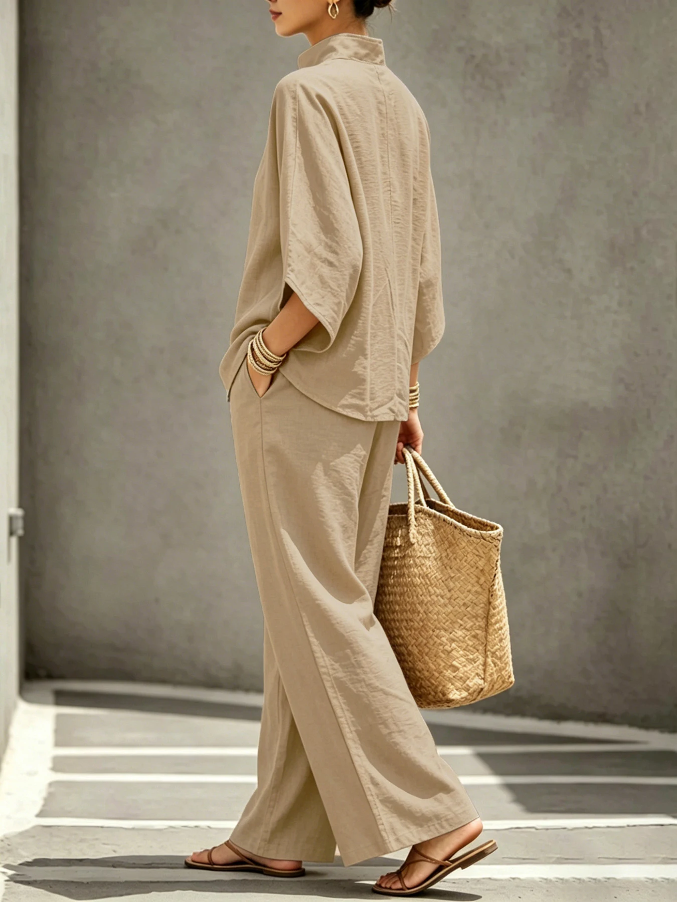 2-teiliges Damen-Set, Stehkragen, Fledermausärmel, lockeres Oberteil, weit geschnittene Hose, lässiges Urlaubsoutfit – Detail 5