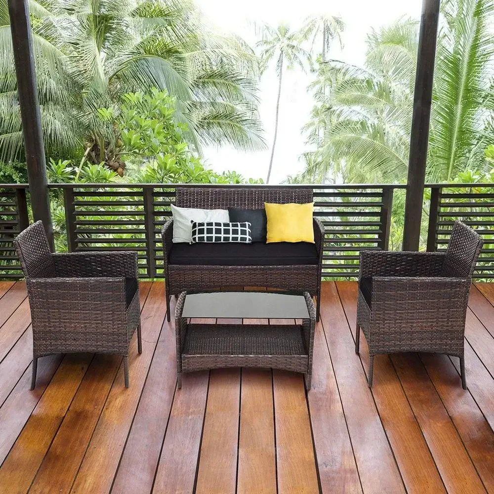 4-Piece Outdoor Wicker Furniture Set with Cushions and Coffee Table (Black)
