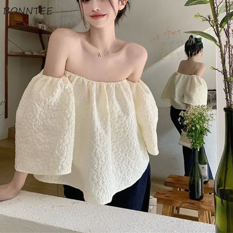 Slash Neck Blouses Women Loose Sexy Elegant Lady Summer Aesthetic French Style Fashion Crop Vintage Design Backless Gentle Sweet