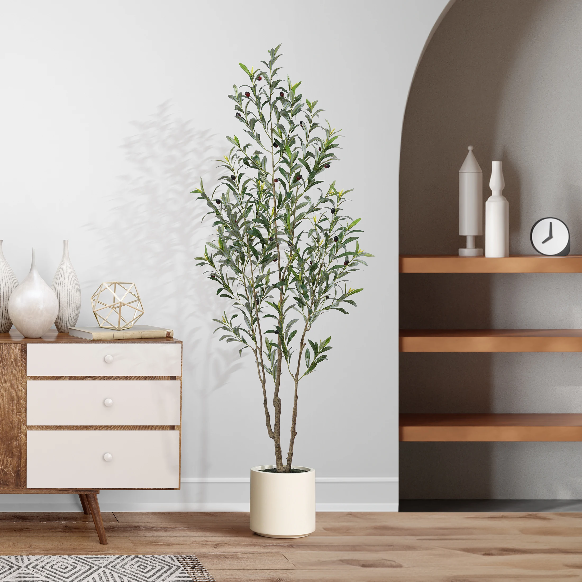 Artificial Olive Tree With Large White Planter, Muti-Trunk Faux Tall Olive Plant With 5/7/9 Realistic Branches