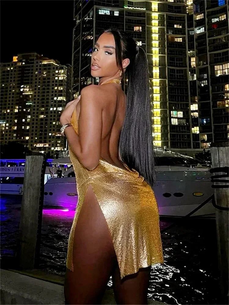 Vrouwen Glitter Sexy Jurk Mouwloos Halter Backless Laag Uitgesneden Split Korte Jurk Zien Door Party Club Sexy Jurken Vrouwelijke Zomer