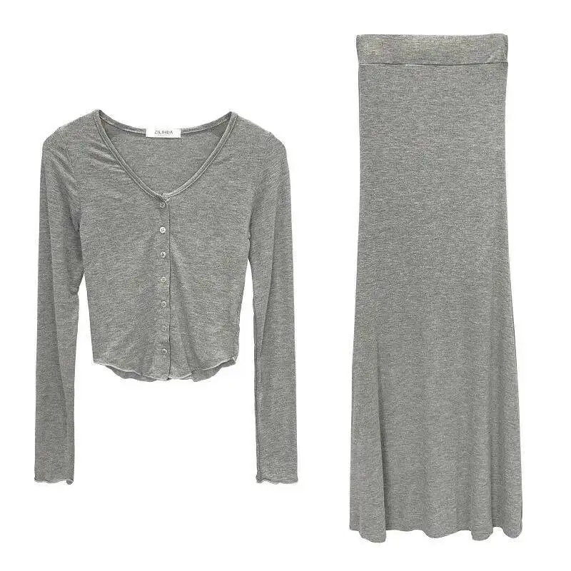 Korean Slim Sexy Chest-Enhancing Tight Short Long-Sleeve Cardigan + Mermaid Half Two Piece Skirt Set For Women Skirts Set LW8W