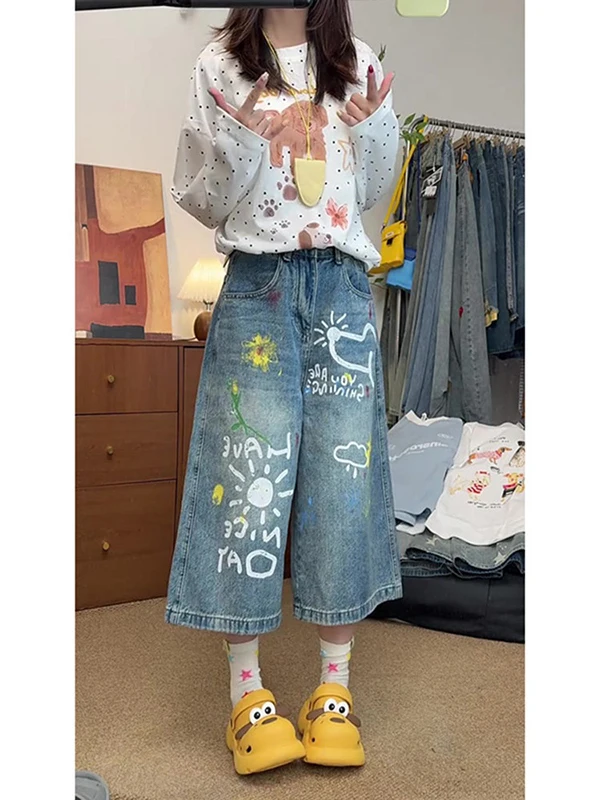 High Waist Loose Wide Leg Jeans Women's Summer 2026 New Style Graffiti Print Seven-Five Shorts Six-Five Mid-Pants Casual Cott...