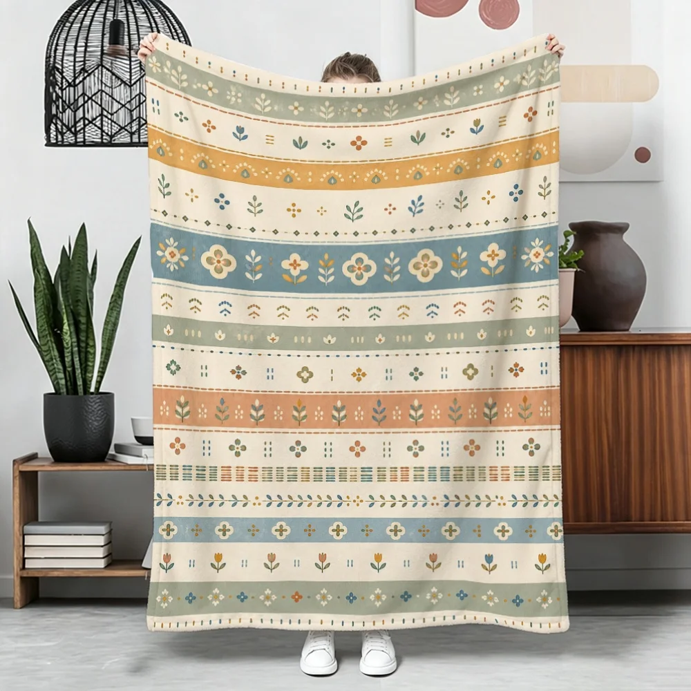 Aesthetic Neutral Boho Stripe Floral Art Flannel Blanket, Lightweight Warm Throw Blanket for Bedroom Sofa Camping Daily Use Gift