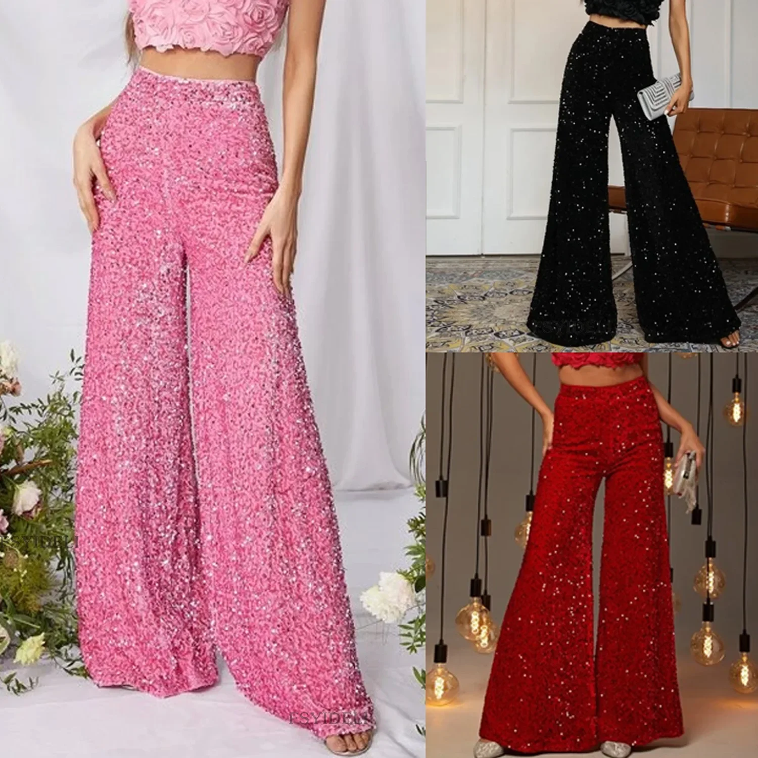 Summer High Waiste Trousers Women Solid Color Sequins Fashion Casual Wide-leg Loose Full Length Pants