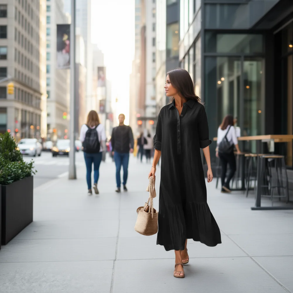 

Loose Cut Dress Women’s Cotton Linen Shirt Dress Long Sleeve V Neck Button-up Maxi Dress Plus Size Flowy Summer Women