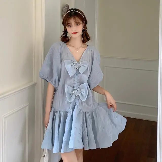 

Summer Design Sense V-neck Cute Bow Bubble Sleeve Age Reduction French First Love Mid-length Dress Female Princess Dress