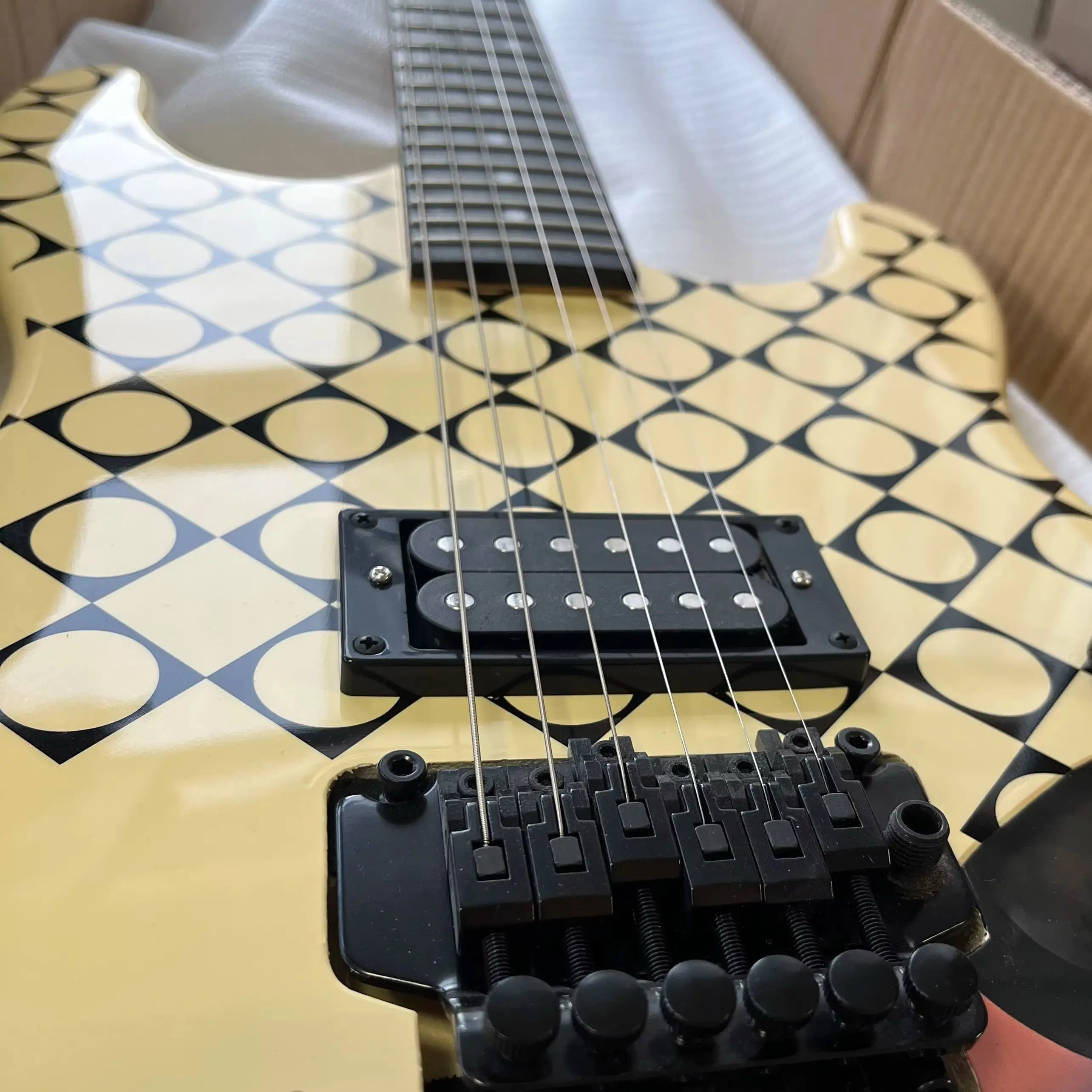 Cream-Colored Electric Guitar Black And White Geometric Patterns Circular And Square Patchwork Prints, Blue Dress, Rosewood Fingerboard, Maple Body, Christmas Gift, US Stock, Free Shipping.