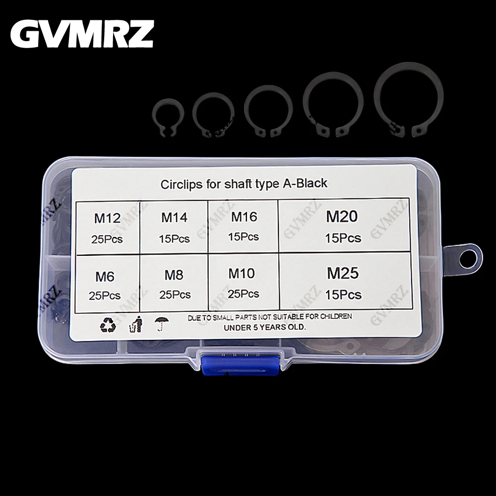 160PCS/box C Type External Circlip Clip Snap Ring Mix 8 Sizes M6 to M25 Kit Set for Shaft Bearing Retaining Black Steel
