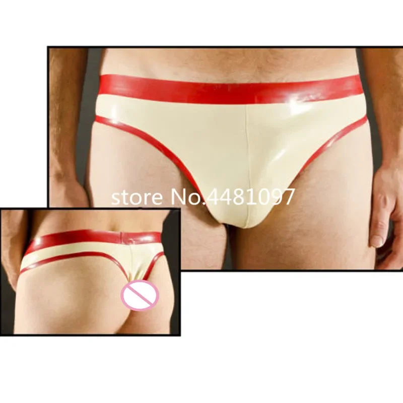 Sexy White Latex Briefs with Red Trim Rubber Men Shorts Panties