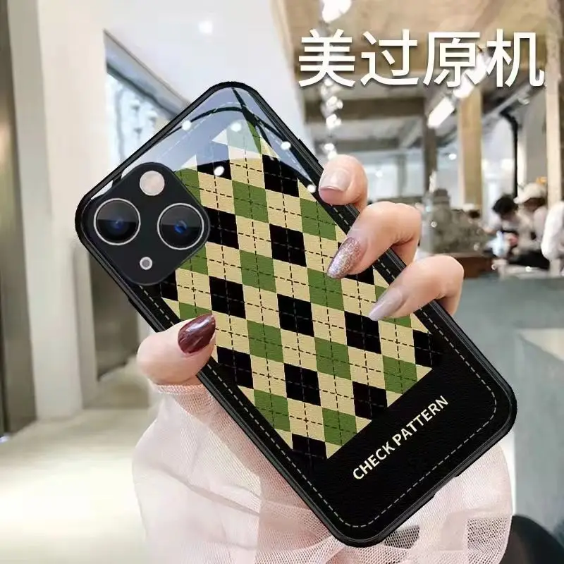 New diamond checkered couple phone cas FOR IPhone 15 14 13 11 12 Pro 8 7 Plus X 13 Pro MAX Bright Glass Shell