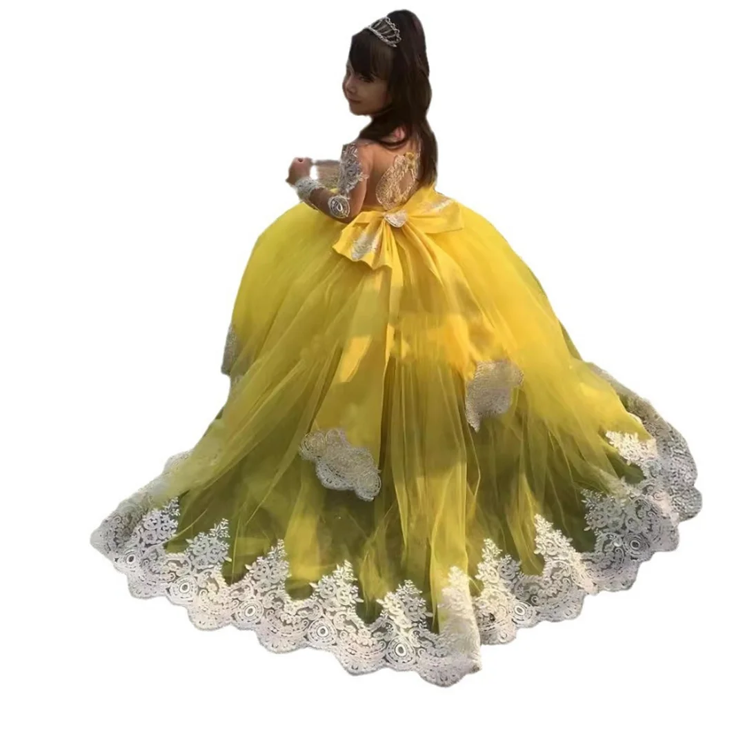 Communie Geel Tule Lange Mouw Bloemenmeisje Jurk Baljurk Kant Applique Feest Verjaardag Gezwollen Prinses Optocht voor kleine meisjes
