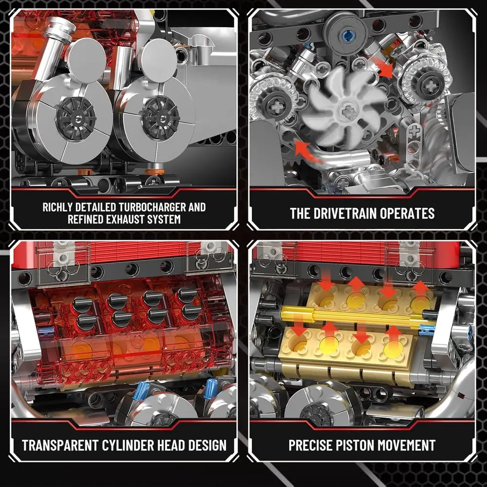Kit di costruzione del motore W16, modello di motore a combustione funzionante 10163, giocattolo STEM per adulti con 952 pezzi, batteria e motore inclusi.