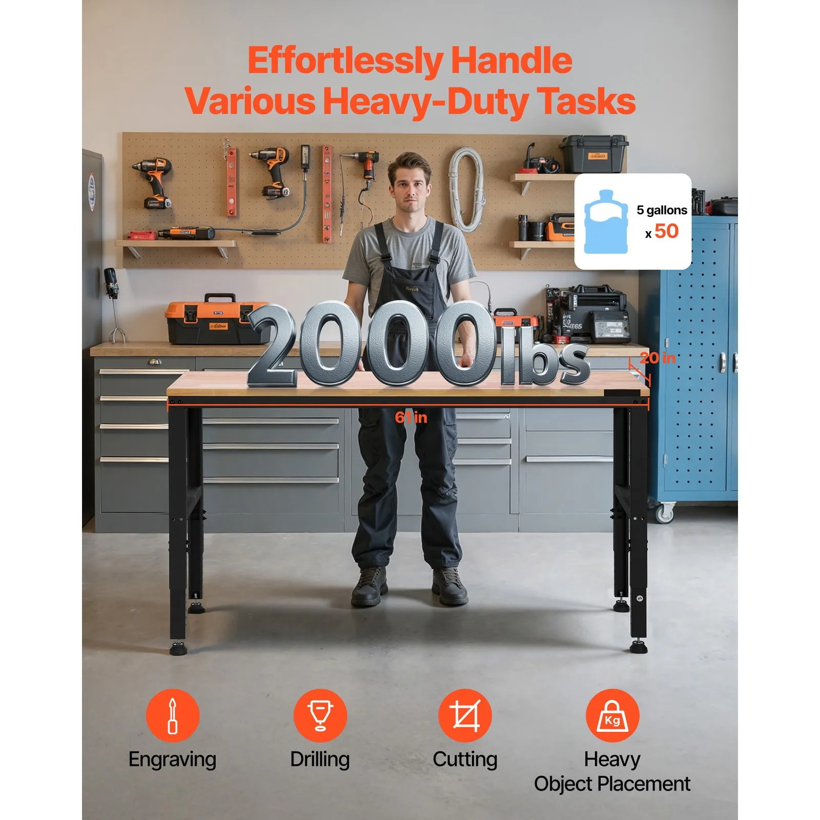 Uimoso Adjustable Height Workbench 61"L x 20"W Work Bench Table w/ Power Outlets