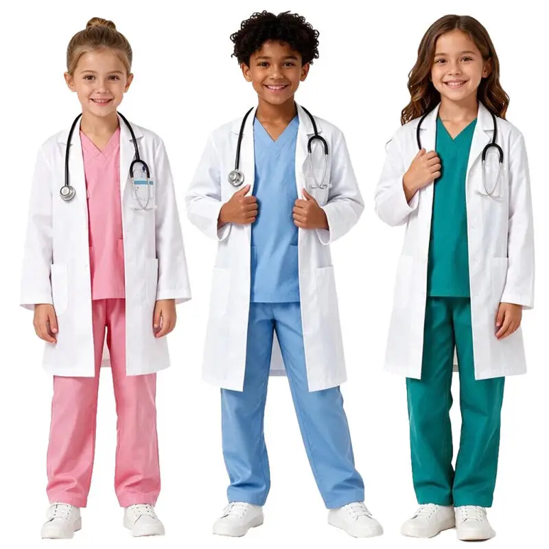 Doctor Lab Cosplay Costume Set for Boys Girls Medical Uniform Coat Top Pants with Stethoscope Mask Hat ID Badge Halloween Gift