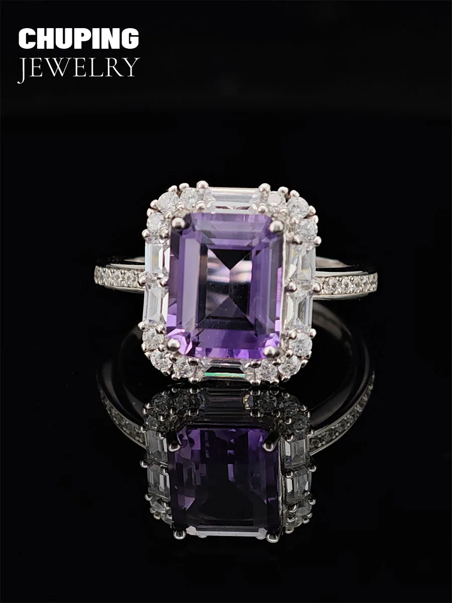 

ChuPing Luxury Fine Jewelry Amethyst Emerald Cut 8*10mm S925 Ring For Women Anniversary & Wedding Band Classic Engagement Gift