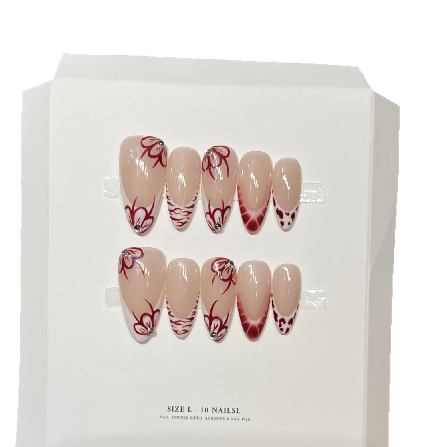 10 szt. Ręcznie Robione Średnie Owalne Paznokcie Naklejane Nude Różowy Biały Francuski Czerwony Wzór Kwiatowy Sztuczne Paznokcie Do Noszenia Porady dotyczące Stylizacji Paznokci dla Dziewczyn