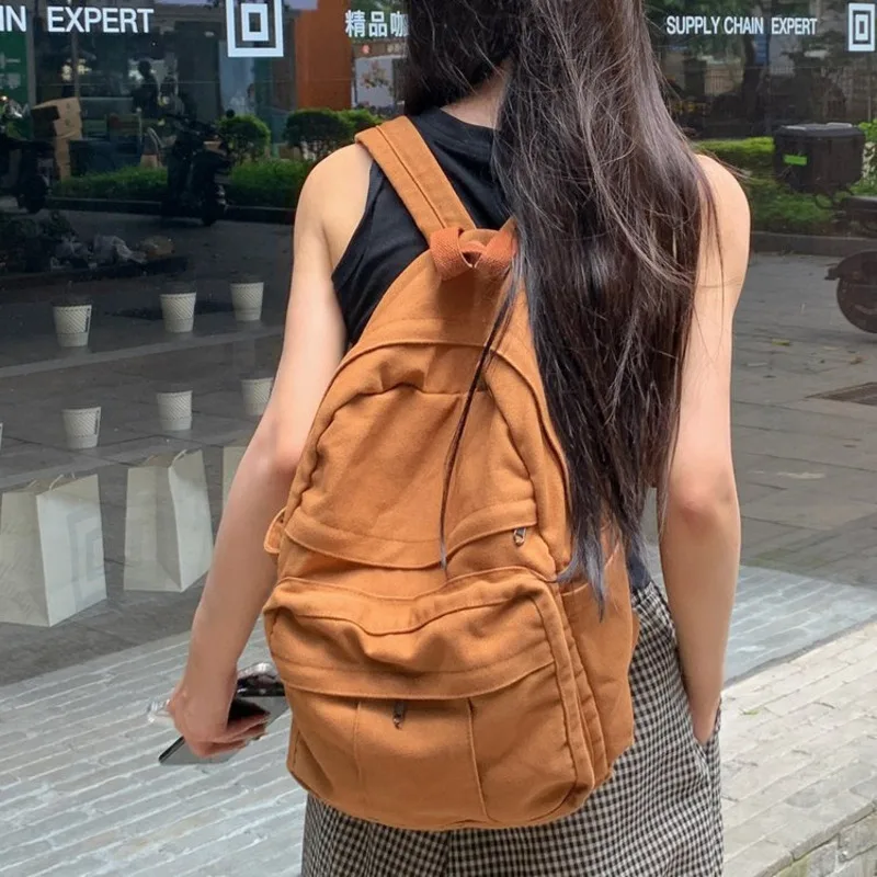 Women's Backpack 2024 New Solid Color Simple Washed Canvas Large Capacity Retro Fashion Versatile Mochila