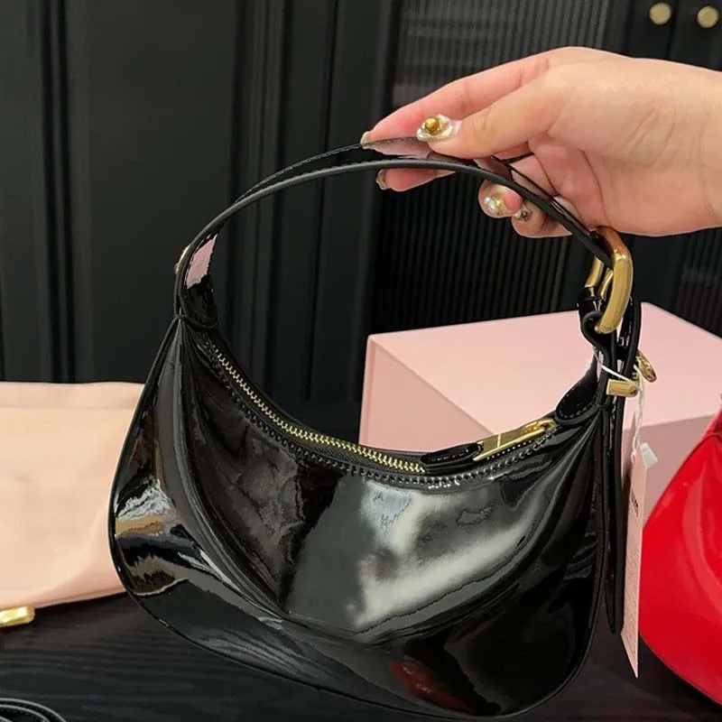 Patent Leather Saddle Bag Women New Red Black White Glossy  Genuine Leather Underarm Bag Luxury Retro Crescent Crossbody Bag